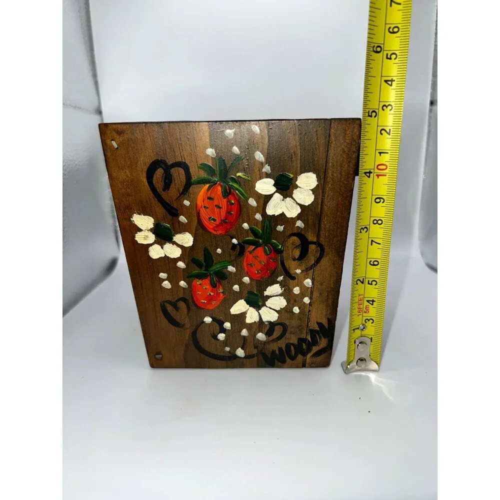 VTG Hand Painted Mini‎ Wooden Basket Painted Flowers & Strawberries Cottagecore